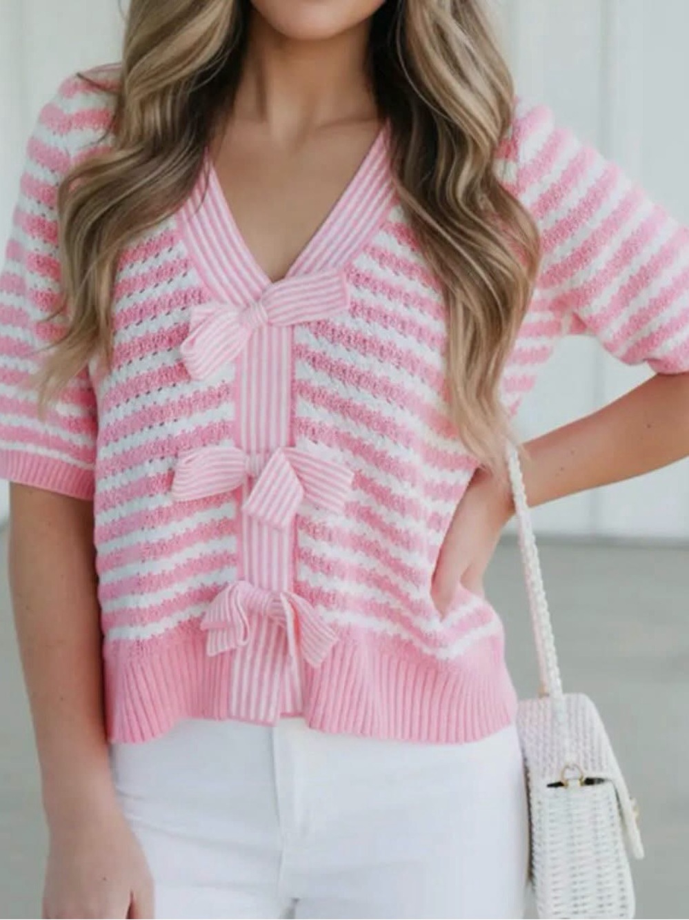 Pink Striped Bow-Front V‑Neck Sweater Cardigan size Medium